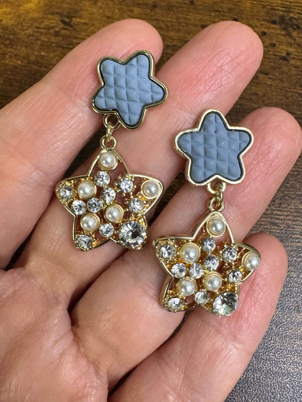 Gold Star Drop Earrings with Light Blue and Crystal Accents